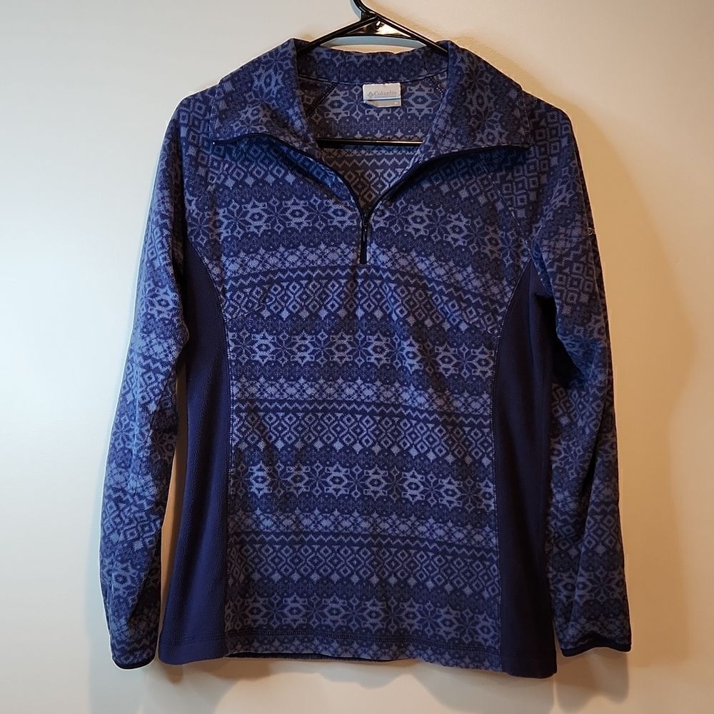 Columbia 1/4 Zip Pullover Fleece Holiday Themed Snowflakes Women's Size Med Blue